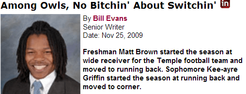 One of the greatest position changes ever made at Temple: Matt Brown from slot receiver to RB. Khalif Herbin would give the Owls some high-end Matty Brown-type depth at RB.
