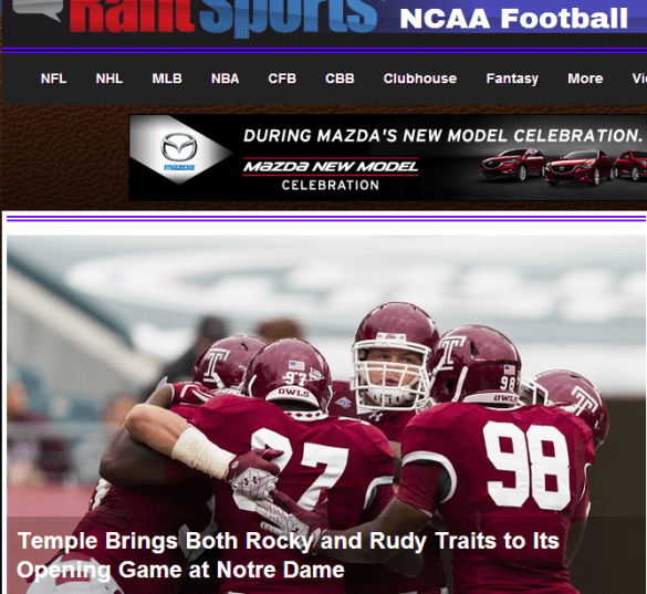 Today's Temple at Notre Dame story led the national Rantsports.com college football website.
