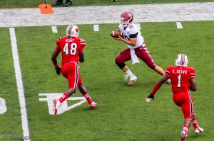 Temple's Chris Coyer catching at a halfback option pass from Jalen Fitzpatrick in front of Deiontrez Mount and Keith Brown. (See, trick plays do work.)