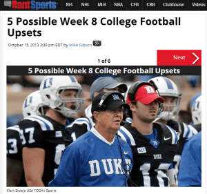 Click over the Duke coach for five upsets this week. 