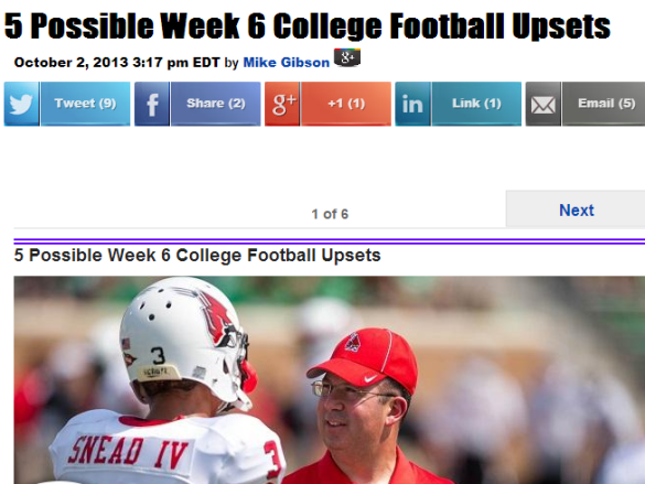 Click over the photo of a great head coach, Ball State's Pete Lembo, for five possible upsets this weekend. We're already 1-0 with Iowa State covering the 9 against Texas. If you win any money this weekend, please throw one percent this way via a pay pal donation. Thanks.