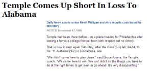Throwback Thursday: When Temple went toe-to-toe with Alabama. Click on the story for the link.