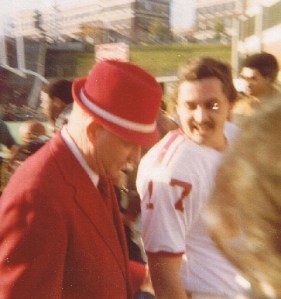 A photo of coach Hardin  NJ Schmitty emailed to me. Coach Hardin hated ties and eschewed the extra point on the final play in a 31-30 loss to Penn State, saying a tie is like "kissing your sister." Here, Wes Sornisky reminds him of that when he kicked the game-tying FG in a 17-17 tie at Cincinnati. 