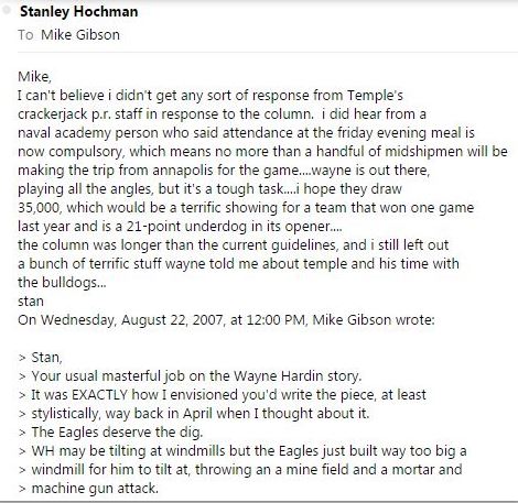 Stan writing about his Wayne Hardin column. and wishing he could have kept the stories Wayne told about the Continental Football League champion Philadelphia Bulldogs in the column.