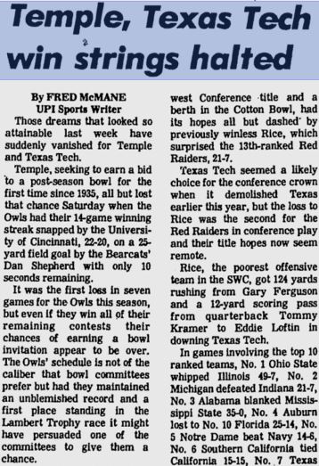 The Owls' last chance to go 7-0 was 41 years ago.